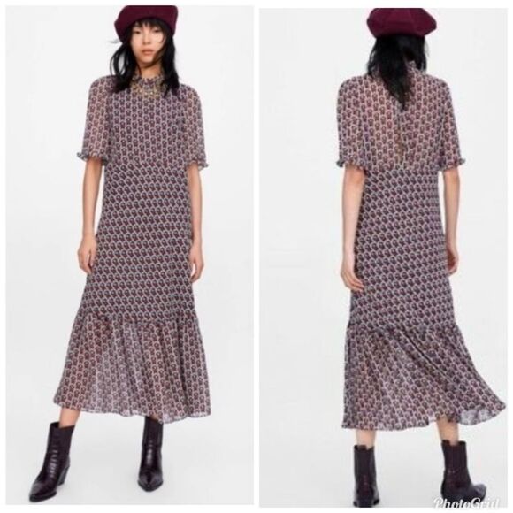 Zara Woman Geometric Heart Print Ruffled Keyhole Back Midi/Maxi Dress S - Picture 2 of 9